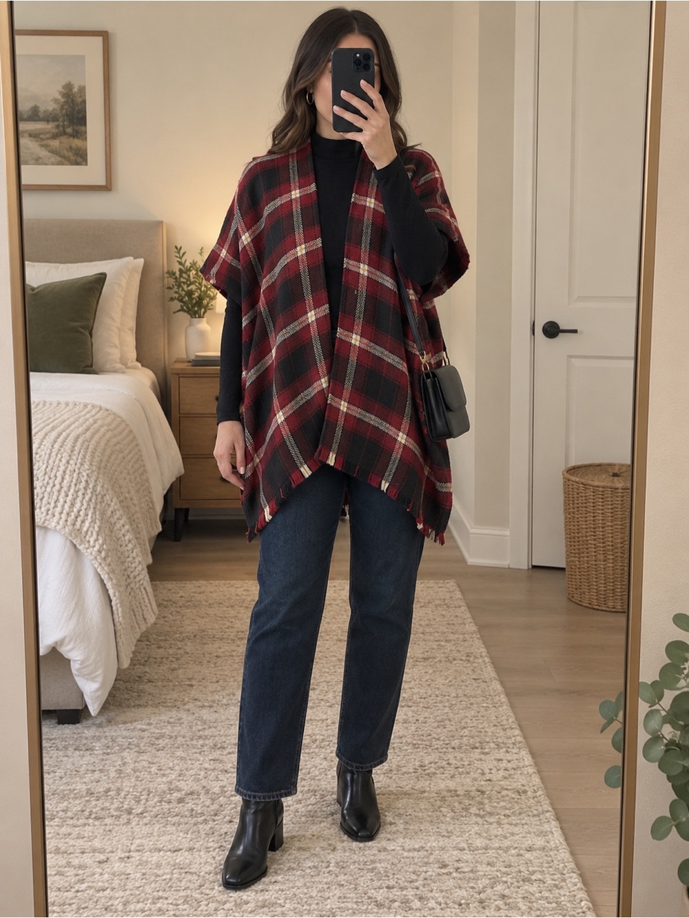 LOFT Red and Black Plaid Open-Front Poncho